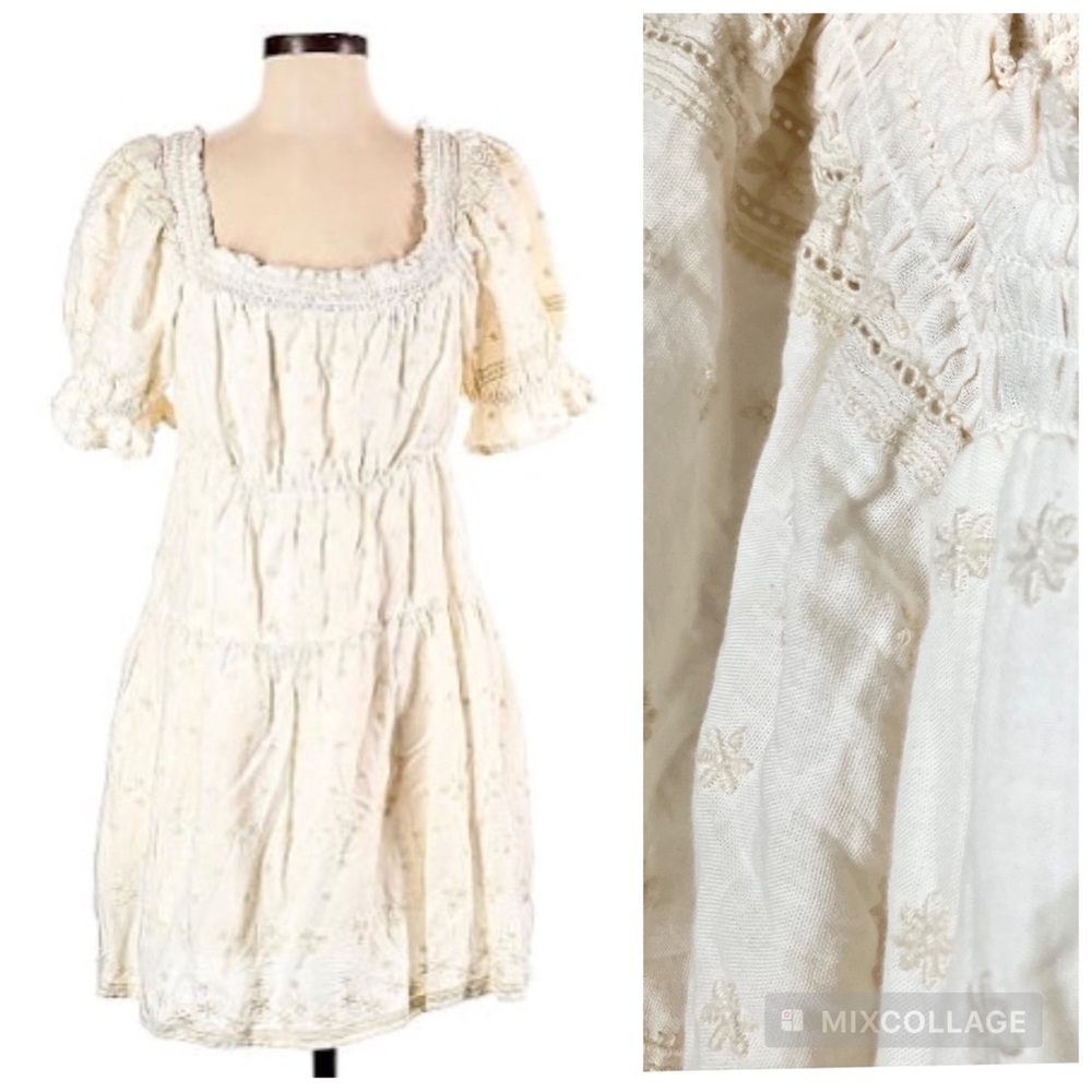 Old Navy Cream Embroidered Eyelet Boho Prairie Cottagecore Babydoll Tiered Dress